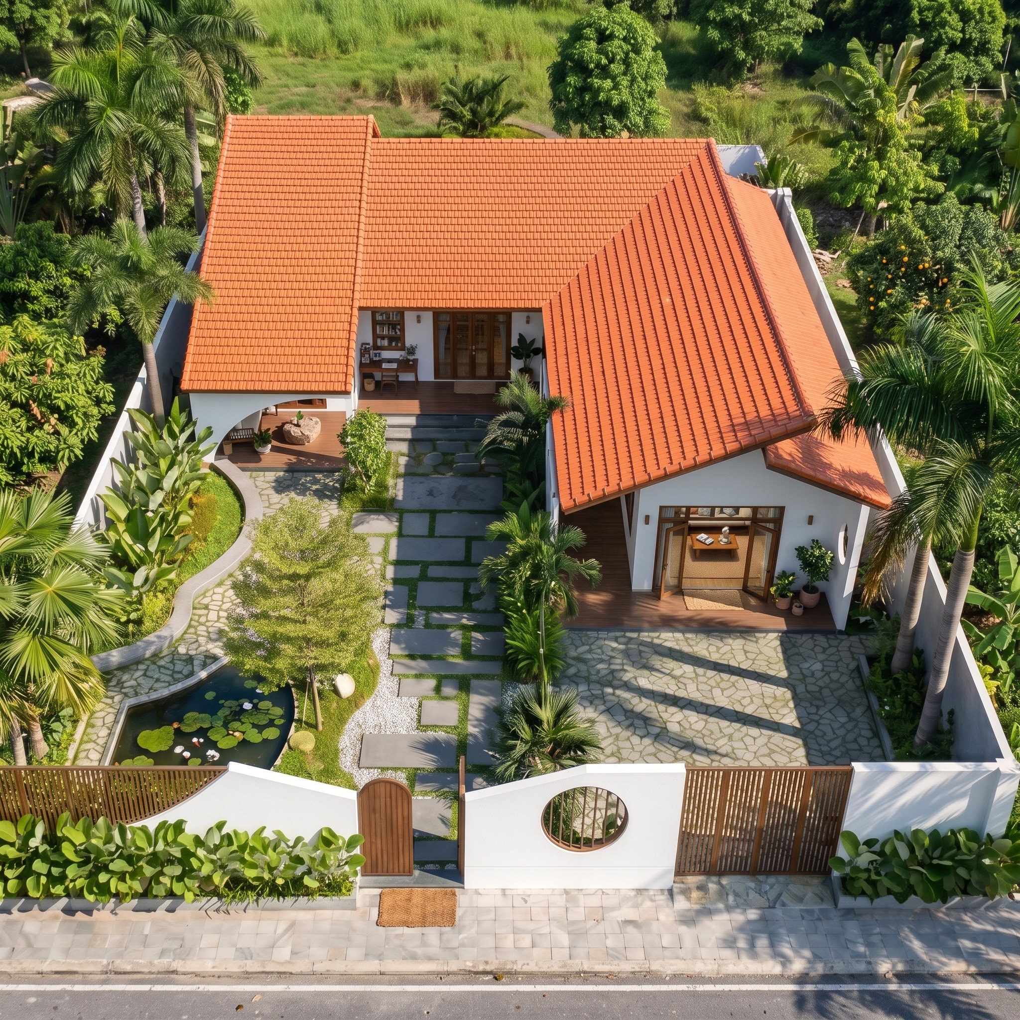 Toàn cảnh Nam House nhìn từ trên cao với sân vườn, hồ cá và mái ngói đỏ hiệu ứng chữ L