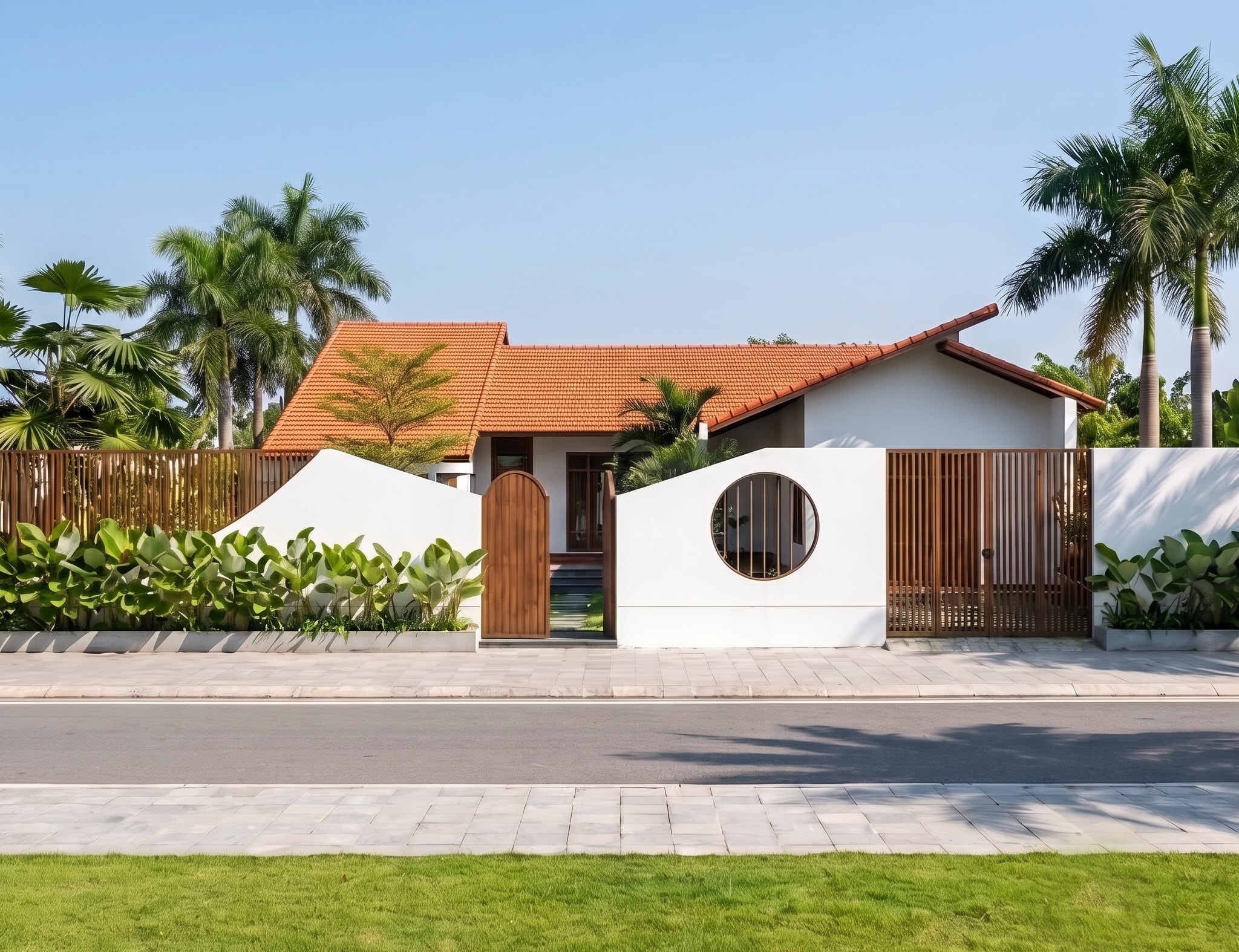 Góc đường nhìn về Nam House với tường rào trắng và cổng gỗ vòm