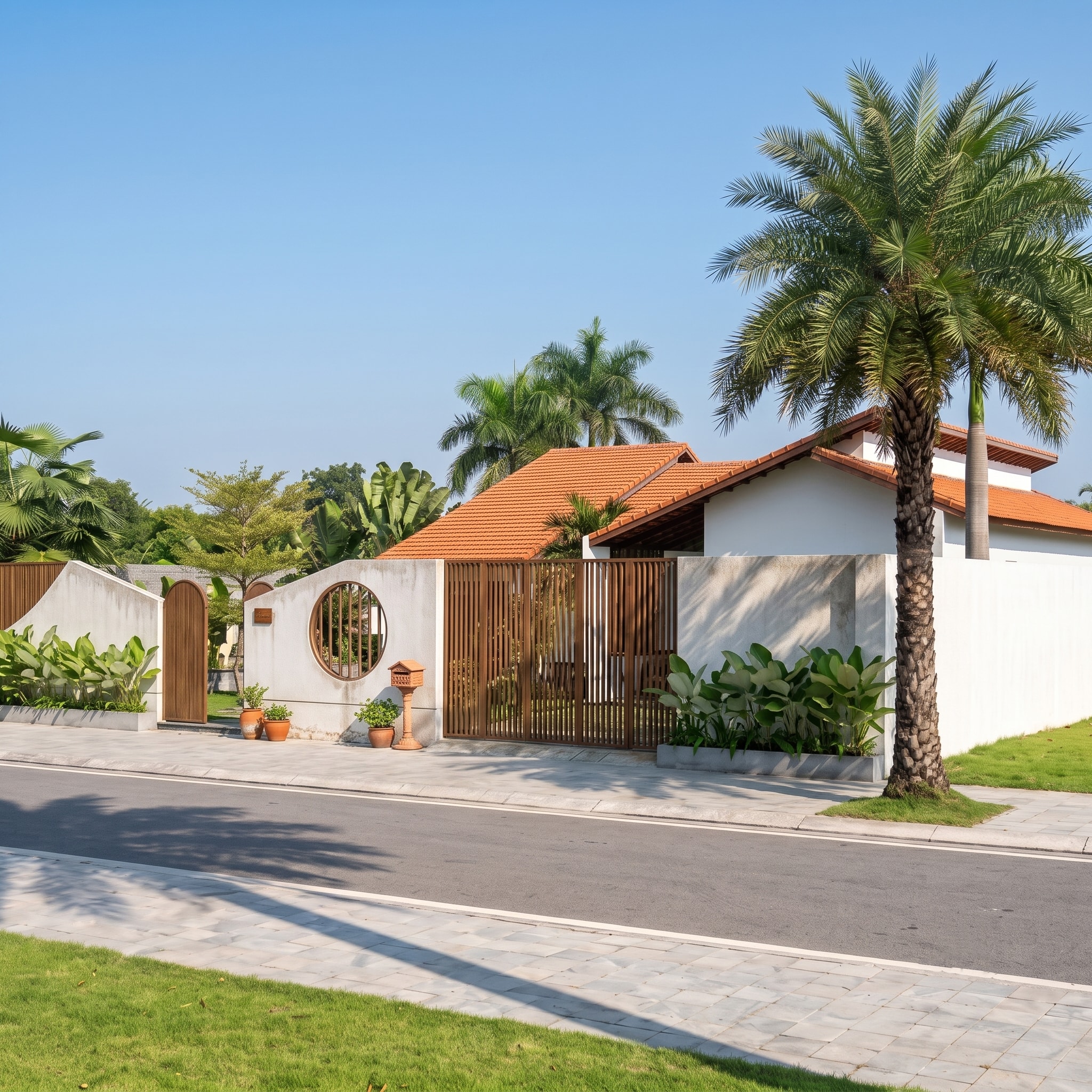Cổng vào Nam House với tường trắng, ô cửa tròn và hàng rào lam gỗ