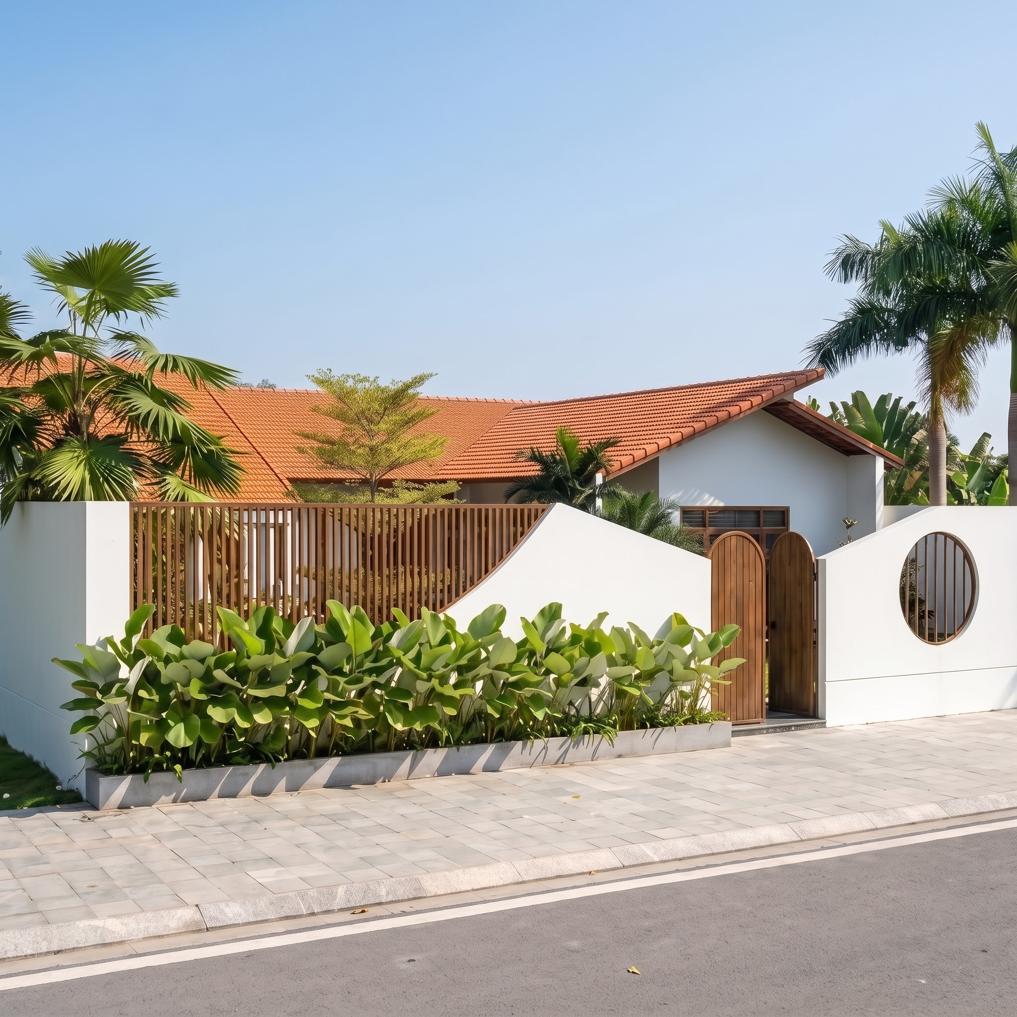 Cổng gỗ vòm và tường cong đặc trưng của Nam House nhìn từ ngoài đường