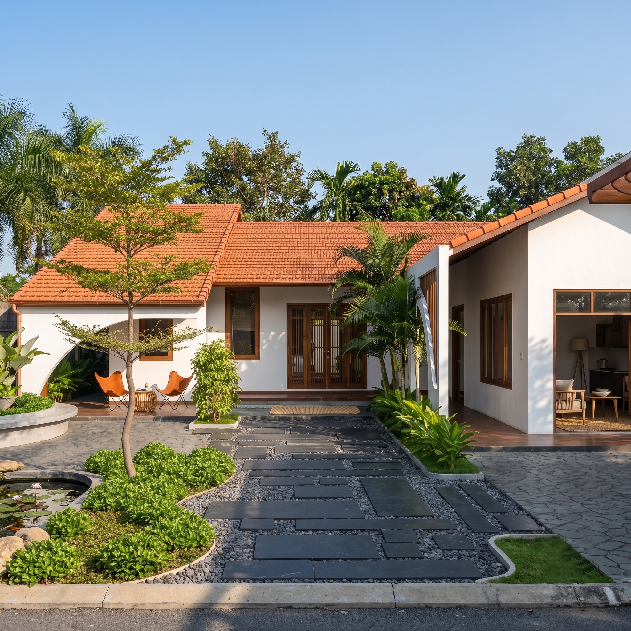 Sân vườn và hiên nhà Nam House với hồ nước, lối đi đá phiến và ghế ngồi ngoài trời