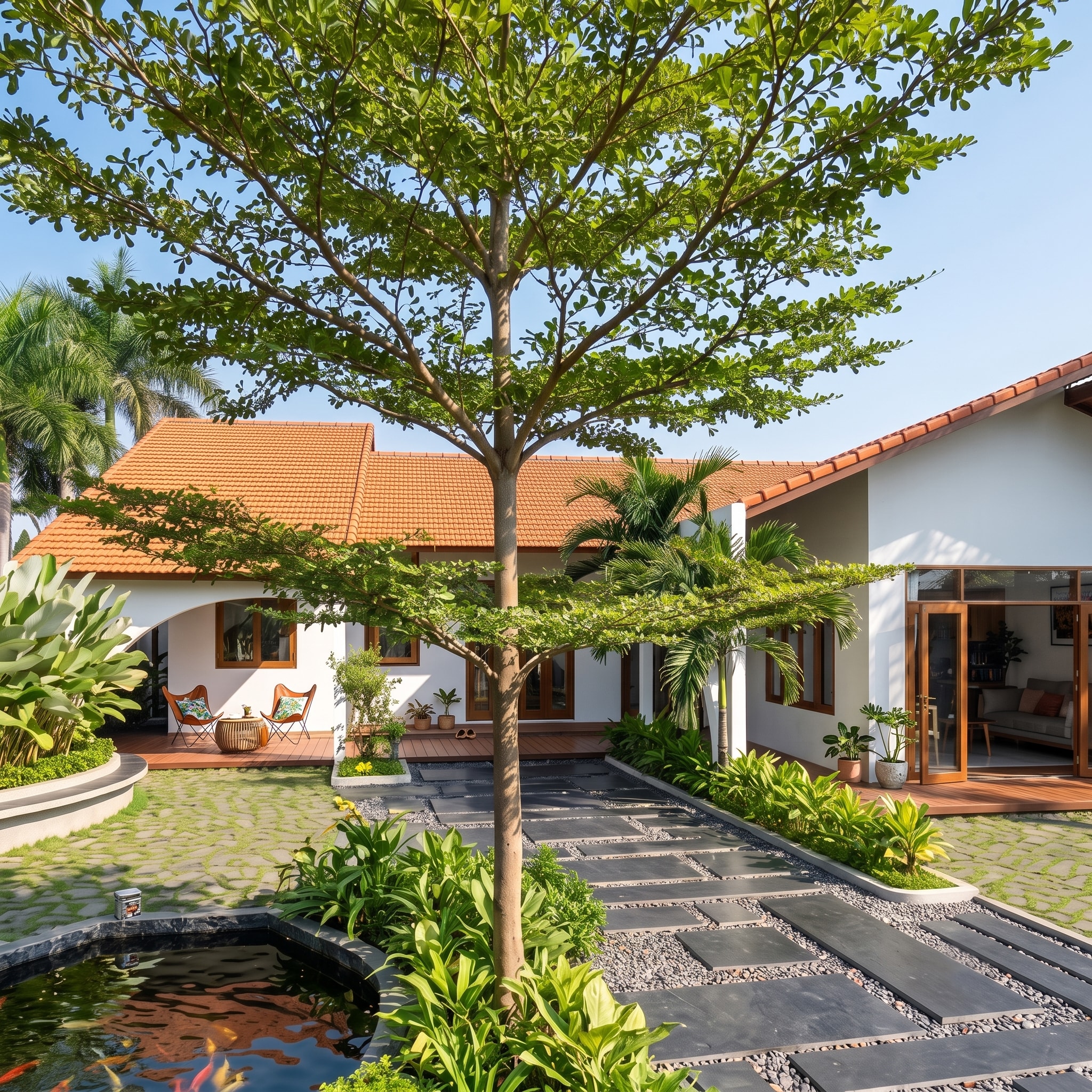 Sân vườn Nam House với hồ cá koi, cây xanh và không gian phòng khách nhìn qua cửa kính