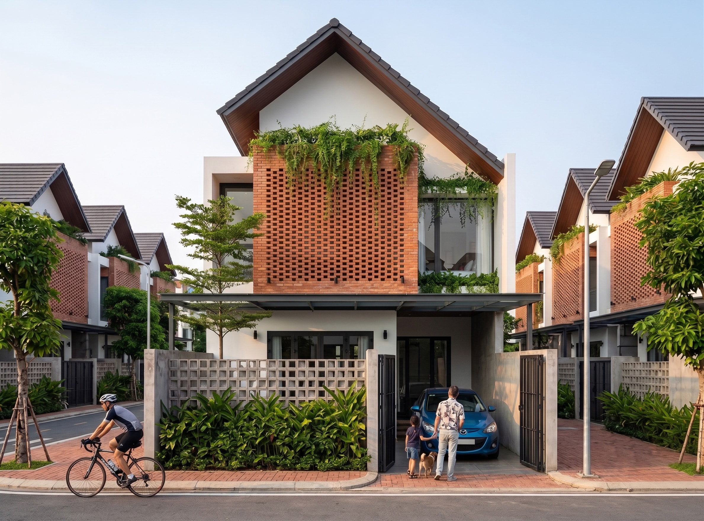 Mặt tiền Jond House với mảng tường gạch nung đan lưới phủ dây leo và mái dốc gable
