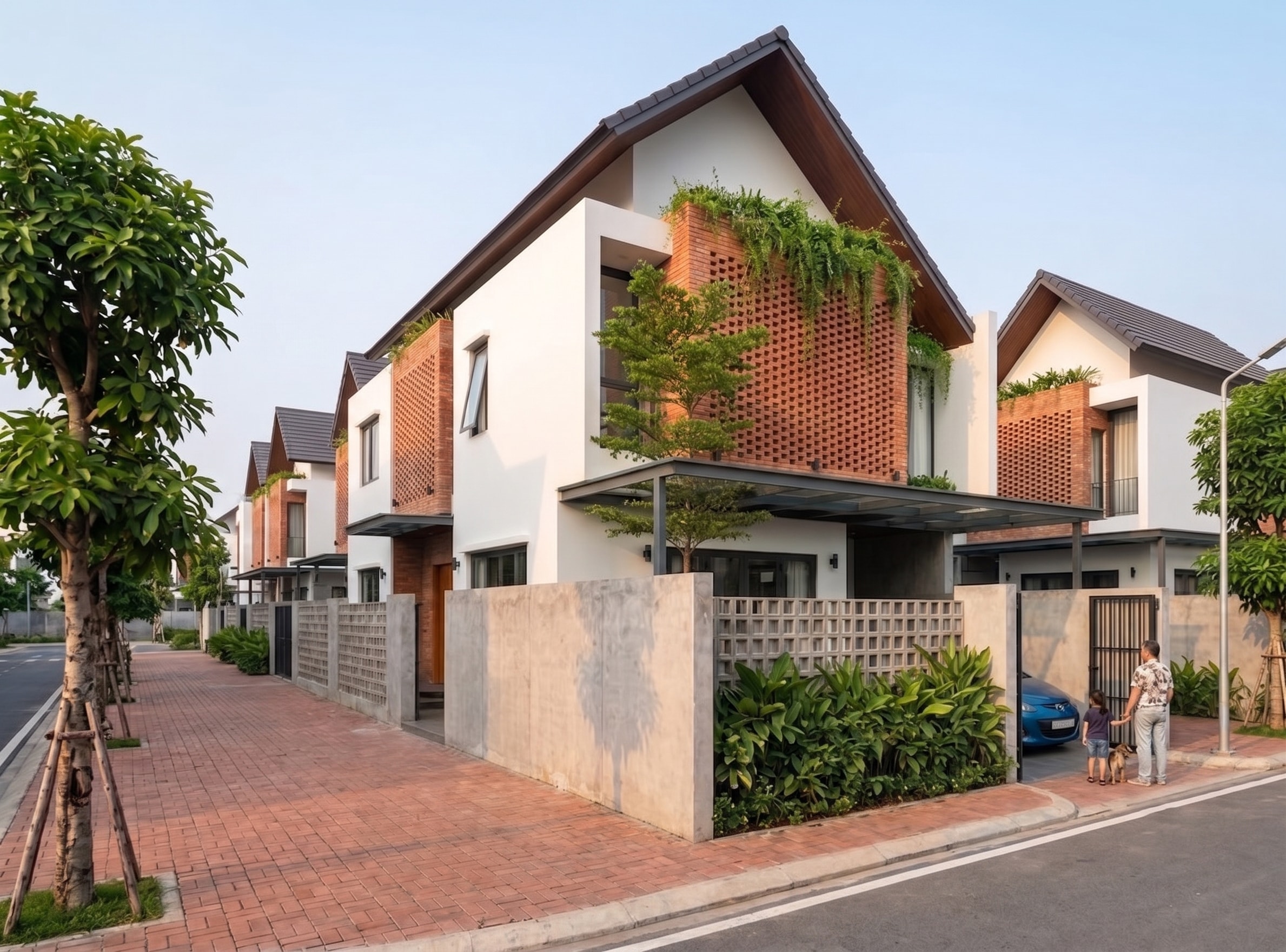 Góc chéo Jond House nhìn từ ngoài đường với sân đậu xe và người đi dạo