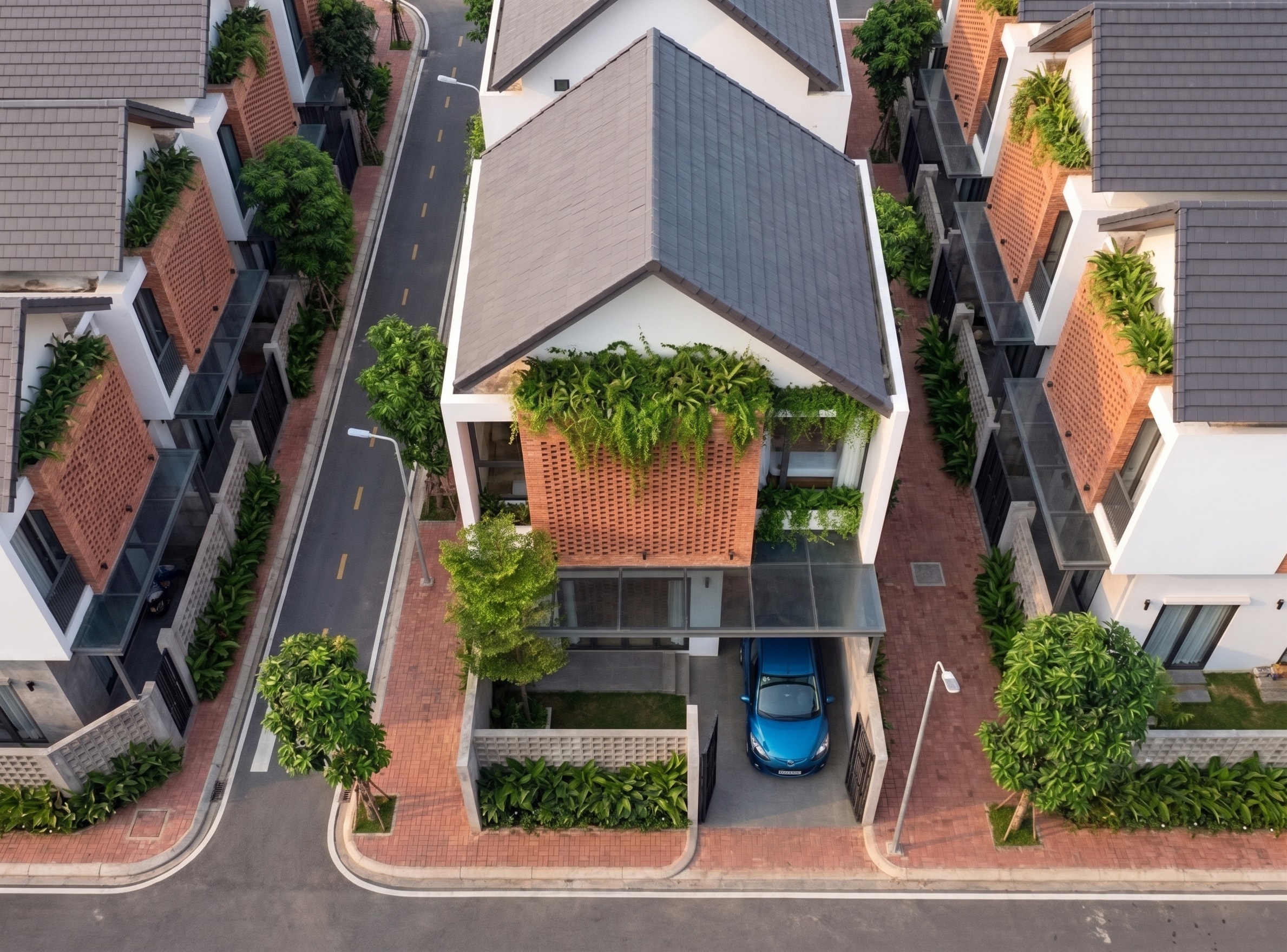 Jond House nhìn từ trên cao giữa dãy nhà phố mái gable cùng phong cách