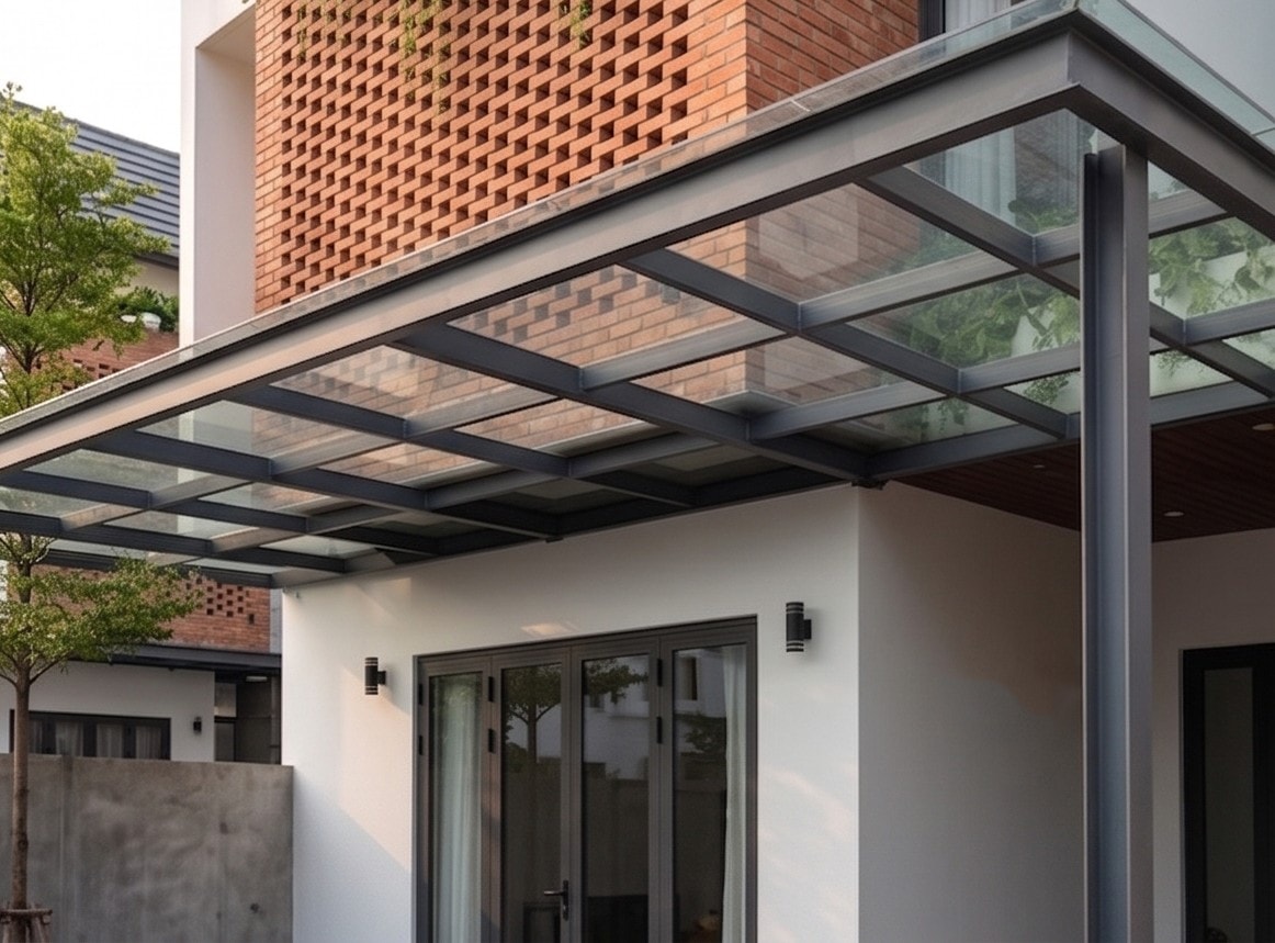 Mái hiên kính khung thép đen phía sau Jond House