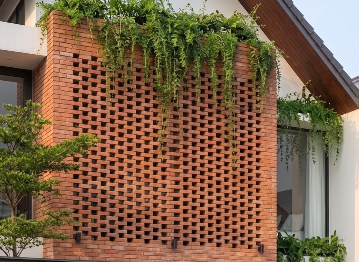 Chi tiết tường gạch nung đan lưới phủ dây leo của Jond House