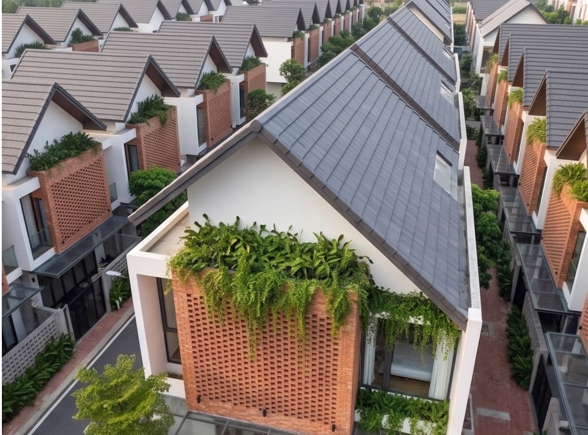 Góc nhìn từ trên cao mái ngói và tường gạch nung của Jond House giữa khu đô thị