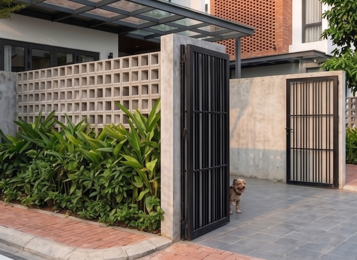 Cổng sắt đen và tường gạch bông gió lối vào Jond House