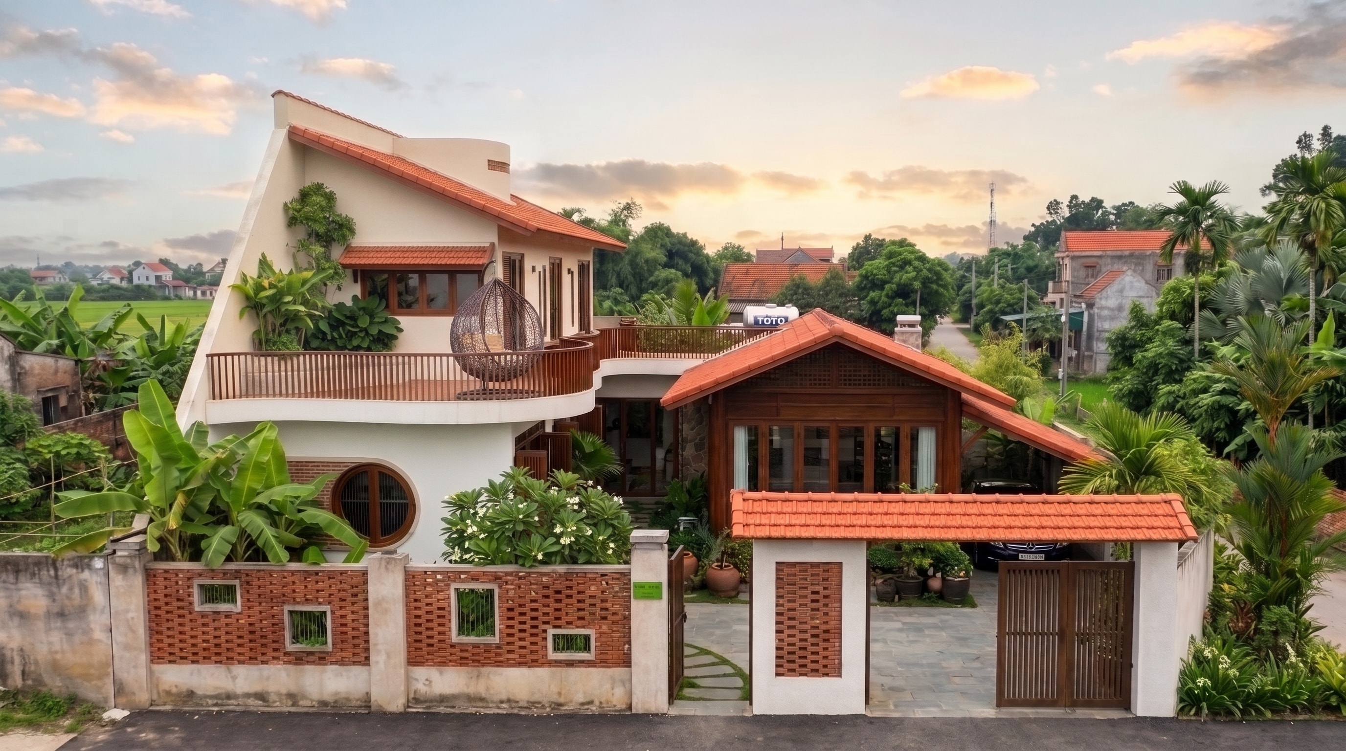 Mặt tiền T House lúc hoàng hôn nhìn từ ngoài đường