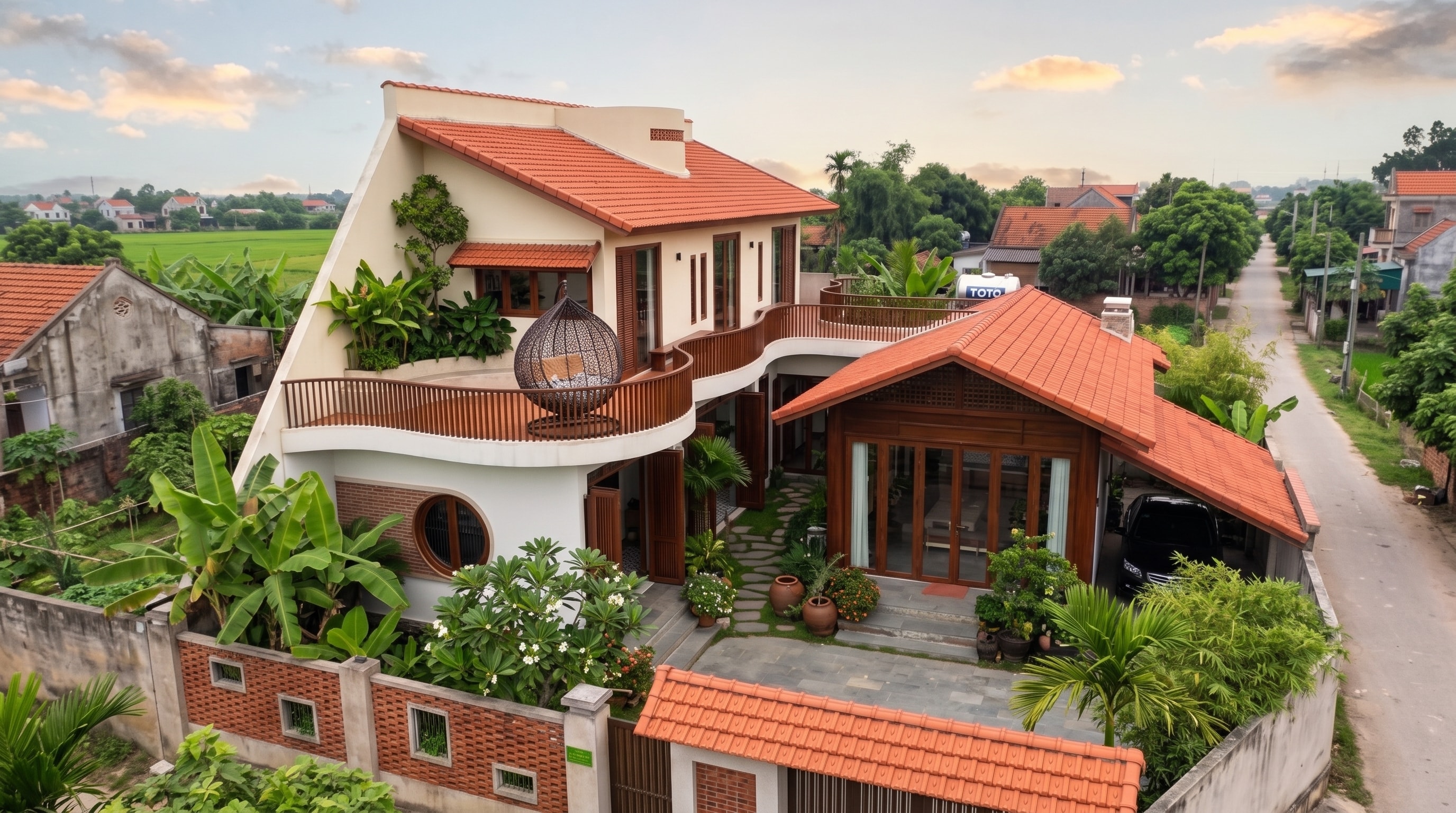 Góc nhìn từ trên cao T House giữa khu vườn và con đường làng