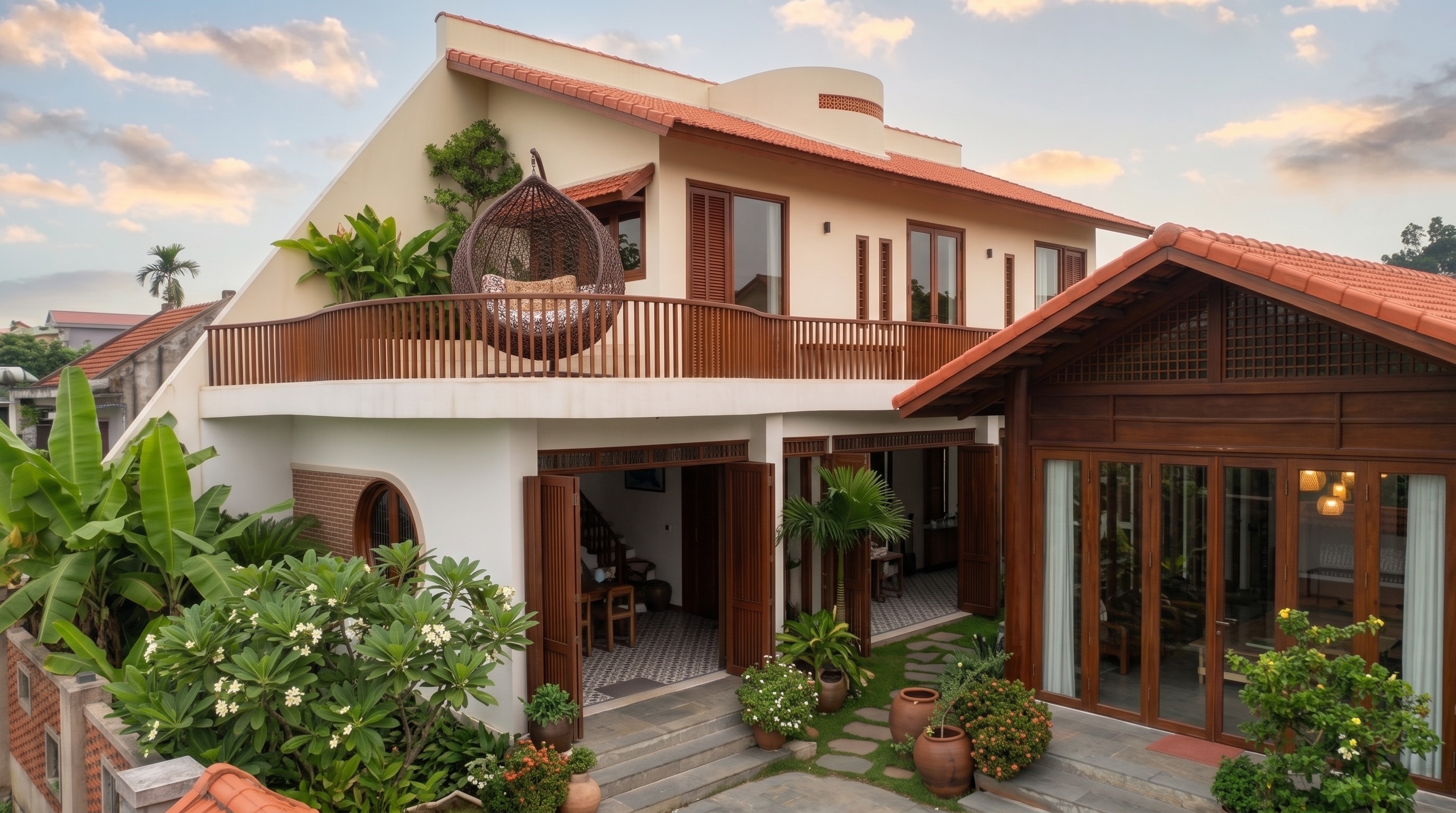 Ban công cong T House với ghế mây treo và sân trong mở cửa gỗ