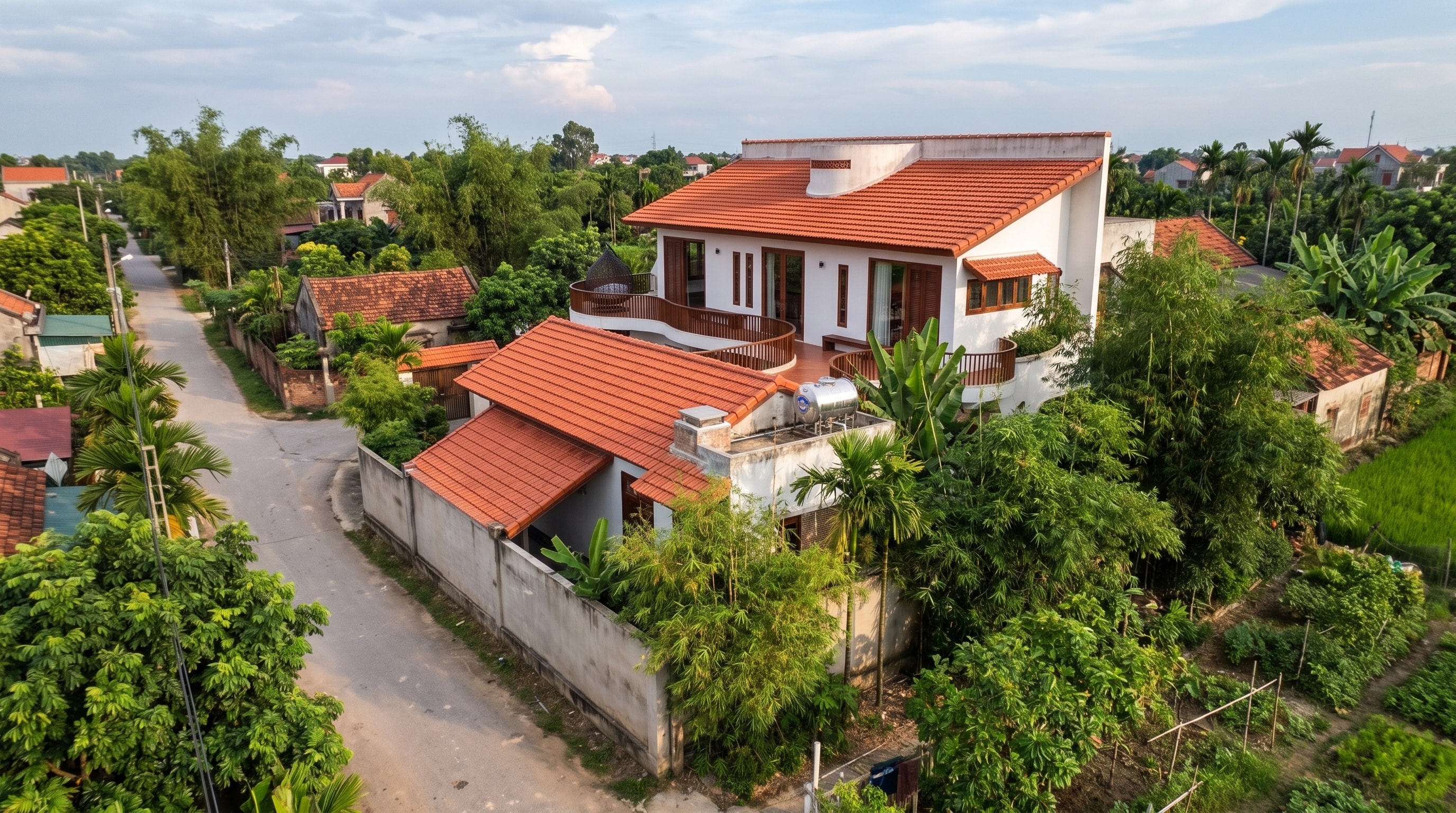 Toàn cảnh T House nhìn từ trên cao giữa làng quê và con đường rợp bóng tre