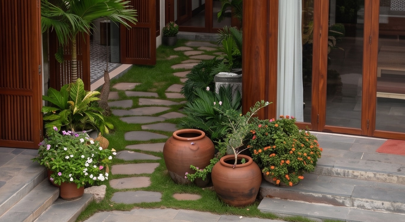Lối đi sân vườn T House với lu sành và cửa gỗ phòng bên