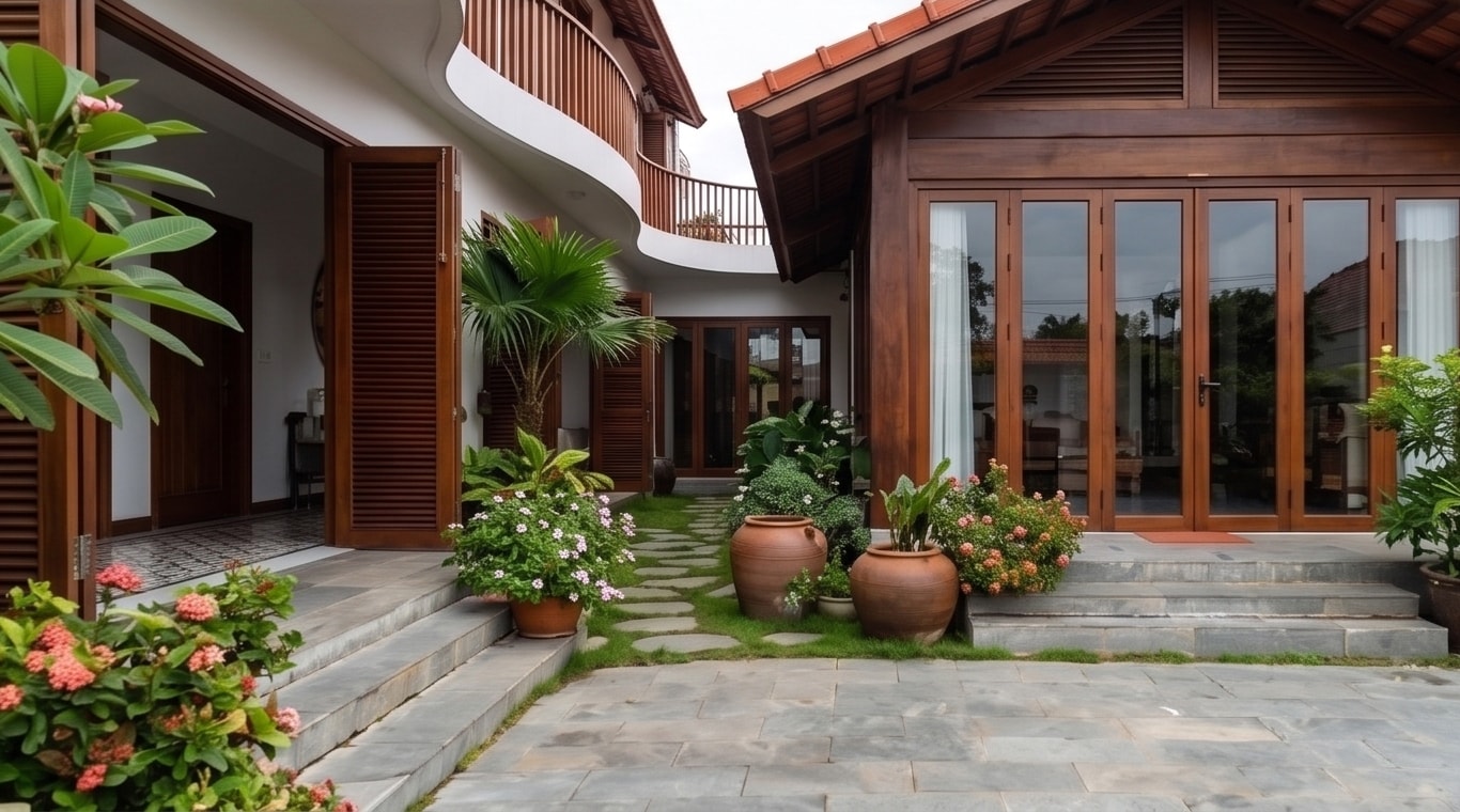 Sân trong T House với lu sành, hoa và cửa gỗ xếp lớp dưới ban công cong