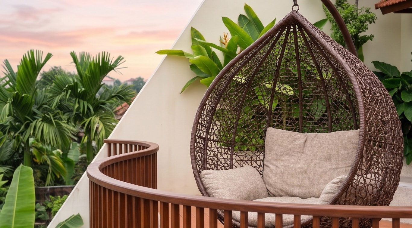 Ghế mây treo trên ban công cong T House lúc hoàng hôn với tầm nhìn ra hàng cau
